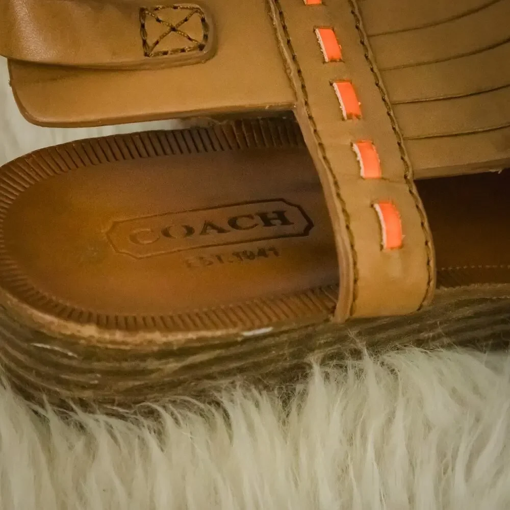 Coach Size 8 Brown Tan Leather Orange Ankle Strap Buckle Thong Flip Flop Sandals